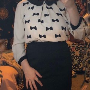 white black bows collared business casual blouse